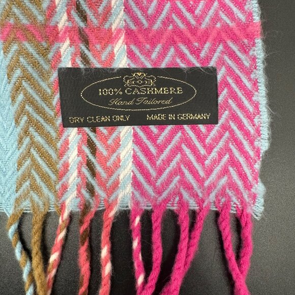 Cashmere Scarf Pink Blue Plaid Fringe Made in Germany Chevron Hand Tailored - Picture 2 of 5
